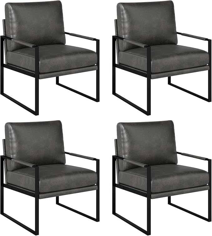 Mid Century Modern Faux Leather Accent Chair Set of 4 Metal Framed Armchair with Extra Soft Removable Seat Cushion &amp Backrest for Living Room Bedroom Waiting Room Easy to Clean (4 Dark Grey)