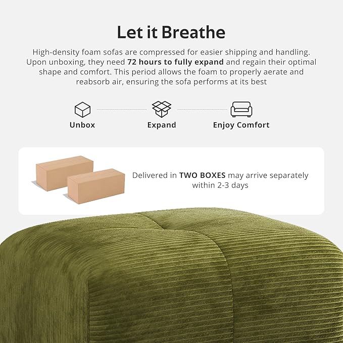 Modern L-Shaped Modular Sectional Sofa for Living RoomOversized 3-Seater Couch with Deep Seat and Movable Ottoman – No AssemblyComfortable Corduroy Fabric Boneless Sofa (Green)