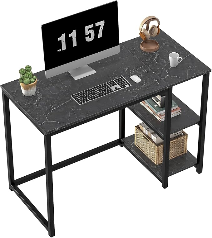 SINPAID Computer Desk 40 inches with 2-Tier Shelves Sturdy Home Office Desks with Large Storage Space Modern Gaming Desk Study Writing Laptop Table Black Marble