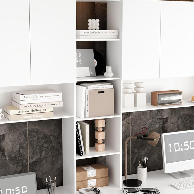 2 Person Computer Desk with 6 Drawers &amp Doors 94.5” Large Double Office Desk with Bookshelves &amp Hutch Long Writing Table White 94.5”W x 23.6”D x 86.6”H