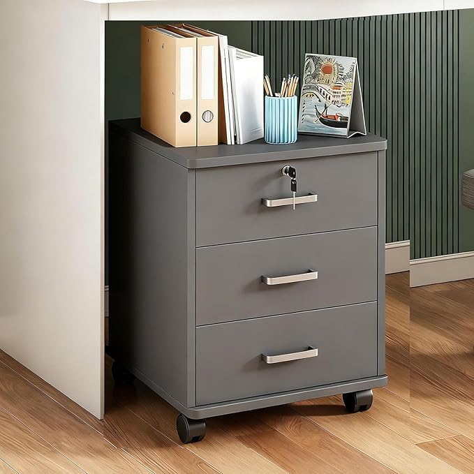 23.2 H Mobile File Cabinet with 3 Storage Drawers Under Desk Rolling File Cabinets for Home Office Storage Wood Rustic Filing Cabinets Narrow File Cabinet Cart Locked(Gray)