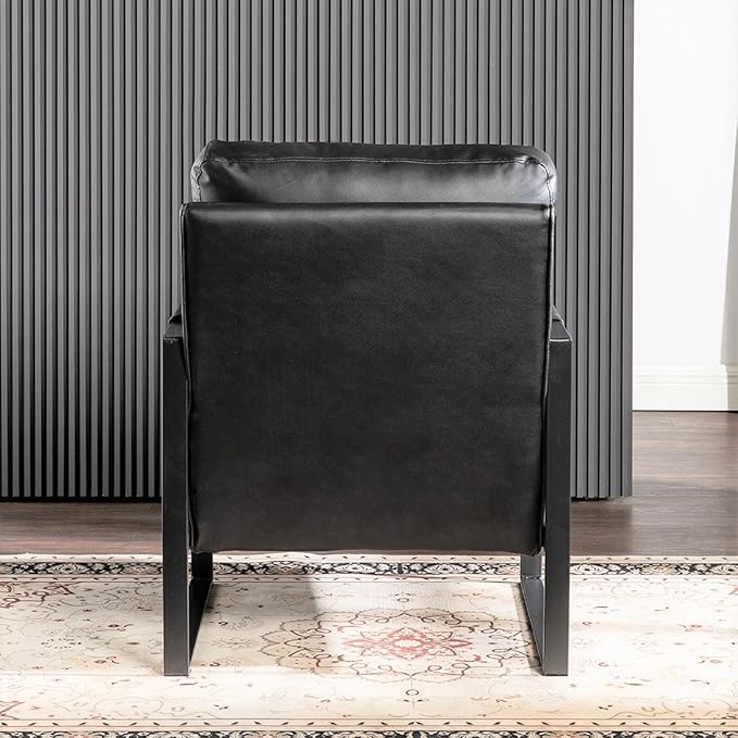 Mid-Century Modern Accent Chair with Metal Frame Black Faux Leather for Living Room Bedroom or Home Office