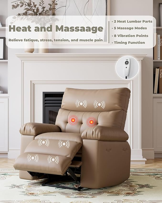 Garvee Oversized Recliner Chair Living Room Recliner Adjustable Backrest &amp Footrest 1.5X Sponge Filling with Massage &amp Heat - Khaki