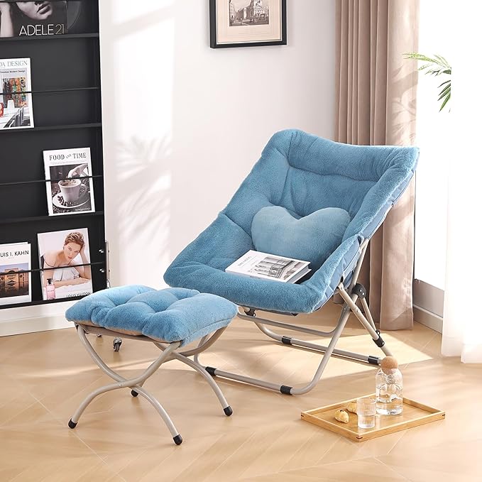 Saucer Chair with Ottoman Comfy Oversized Folding Chair Faux-Fur Reading Chair for Teens Adults Foldable Accent Lazy Chair Metal Frame Chair for Living Room Bedroom Blue