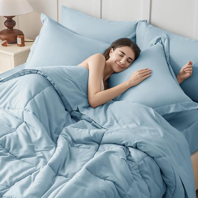 JOLLYVOGUE King Comforter Set Ultra-Soft Bed in a Bag King Size 7 Pieces Oeko-TEX Certified Bedding Set with Down Alternative Comforter Sheets Pillowcases &amp Shams Lake Blue