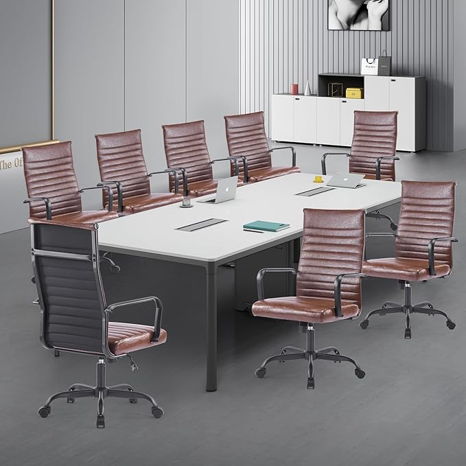 Office Chair Ergonomic Executive Conference Room Chairs Ribbed Leather Desk Chair with Lumbar Support Adjustable Height Mid-Back Swivel Chair with Padded Seat