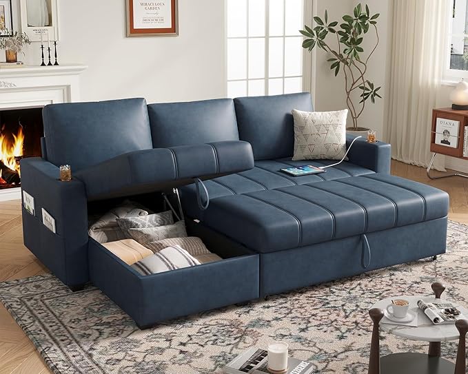 Fadware 89” L Shape Sofa Sleeper Sectional Sofa Bed with Hidden Storage&amp Side Pocket Anti-scratch Faux Leather Couch Bed with ChargePort&amp CupHolder Modern Piano Design Pull Out Couch for Li