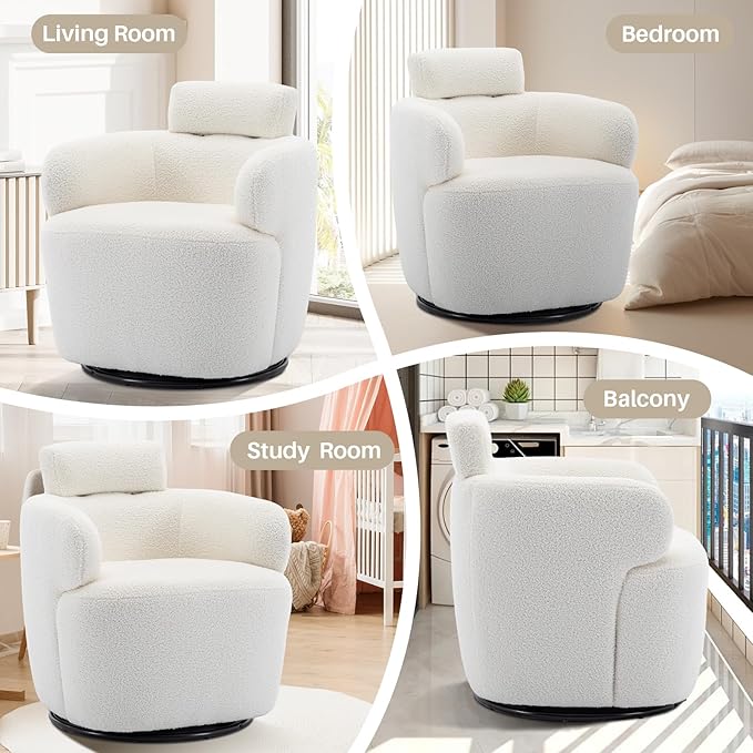Small Swivel Accent Chair 360°Barrel Boucle Round Modern Armchair Tufted Upholstered Single Sofa Chair with Adjustable Headrest Living Room for Bedroom Office Teddy Sherpa Ivory