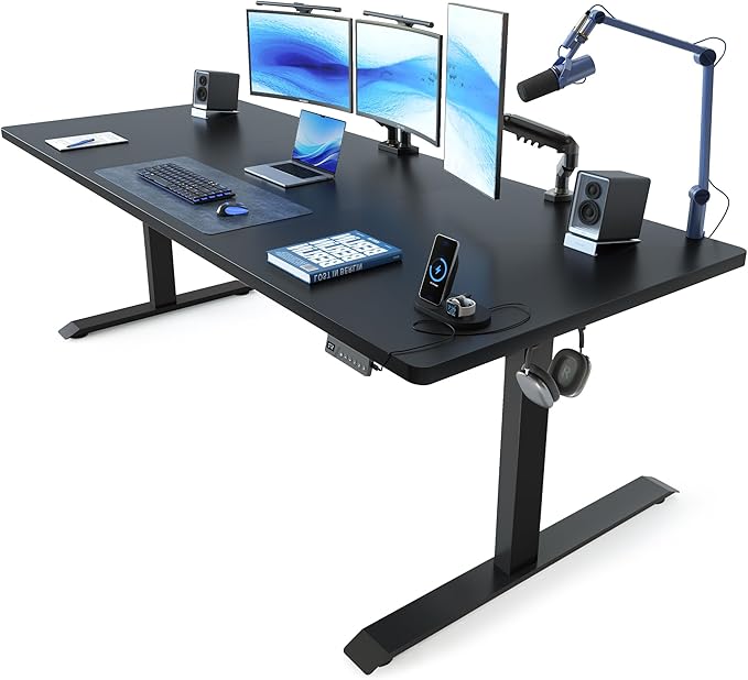 FEZIBO 71 x 37 Inch Standing Desk with Integrated Dual-Beam Height Adjustable Computer Desk Sit Stand Desk for Home Office Workstation 1 Thick Large 3-Piece Desktop Black