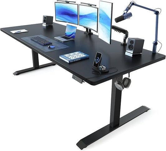 FEZIBO 71 x 37 Inch Standing Desk with Integrated Dual-Beam Height Adjustable Computer Desk Sit Stand Desk for Home Office Workstation 1 Thick Large 3-Piece Desktop Black