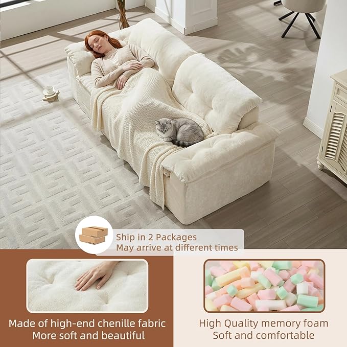 157 Cloud Sectional Couch Deep Seat Boneless Sofa for Living Room with U-Shaped Chaise Comfy Chenille Modular Sofa No Assembly Required (Beige 79” Loveseat)