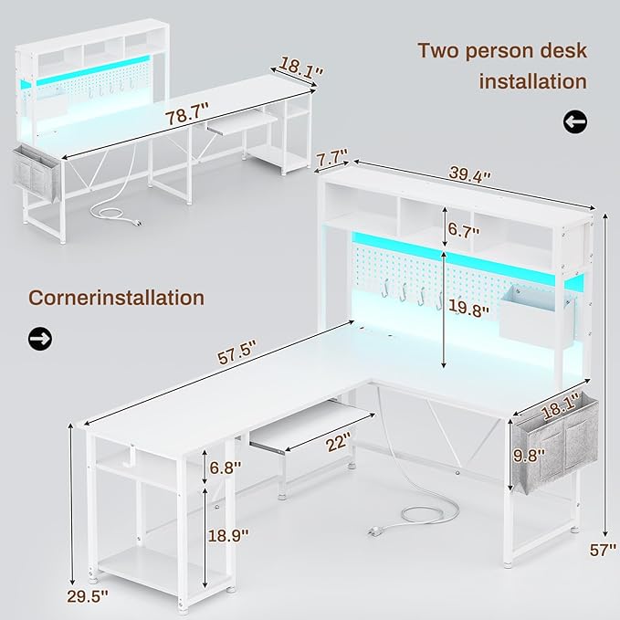 SEDETA White L Shaped Office Desk 57.5” Corner Computer Desk with Power Outlet Pegboard and Keyboard Tray Gaming Table with LED Lights Hutch and Storage Shelves for Home Office