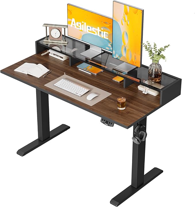 Agilestic Glass Standing Desk with Storage 48 Inch Electric Adjustable Desk with Glass Shelf Sit Stand Up Home Office Computer Table Splice Board Dark Walnut
