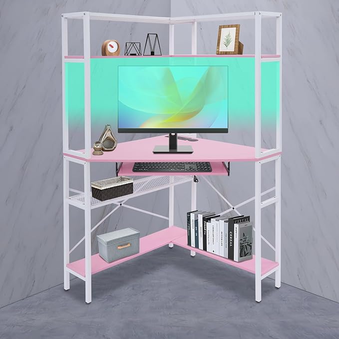 Corner Computer Desk with Power Outlets - 29.5x29.5x60in Gaming Desk with LED Light Strip &amp Storage Shelves for Home Office and Small Space