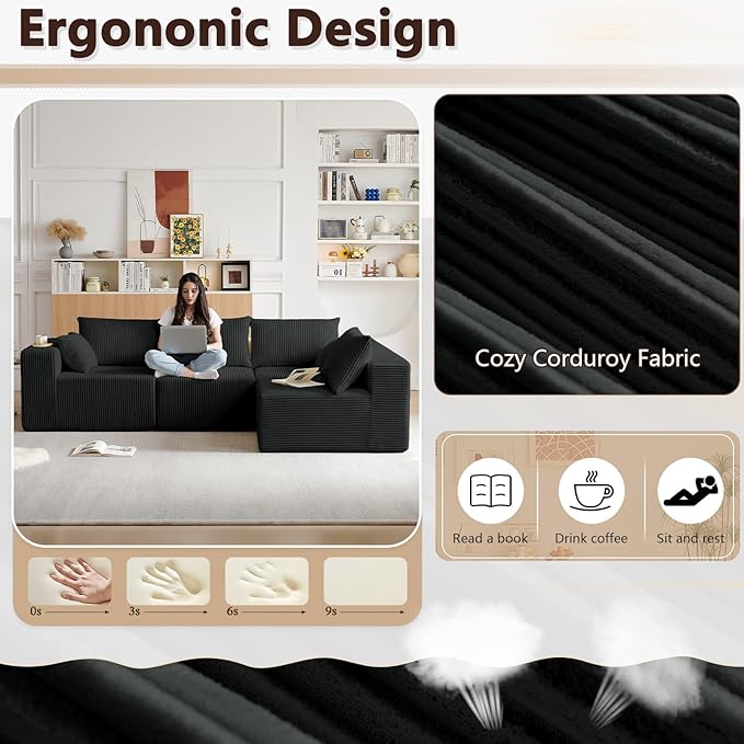 104 L-Shaped Corduroy Cloud Modular Sofa Modern 4-Seater Sectional Couch with 6 Pillows Deep Seat Upholstered Convertible Sofa Bed for Living Room No Assembly Required (Black)