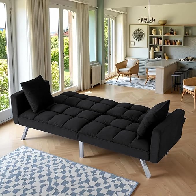 Convertible Futon Sofa Bed 74 Inch Sleeper Couch Bed with Velvet Upholstery Sofa Couch with Adjustable Backrest Pillows Square Tufted Design for Living Room Home Office Black