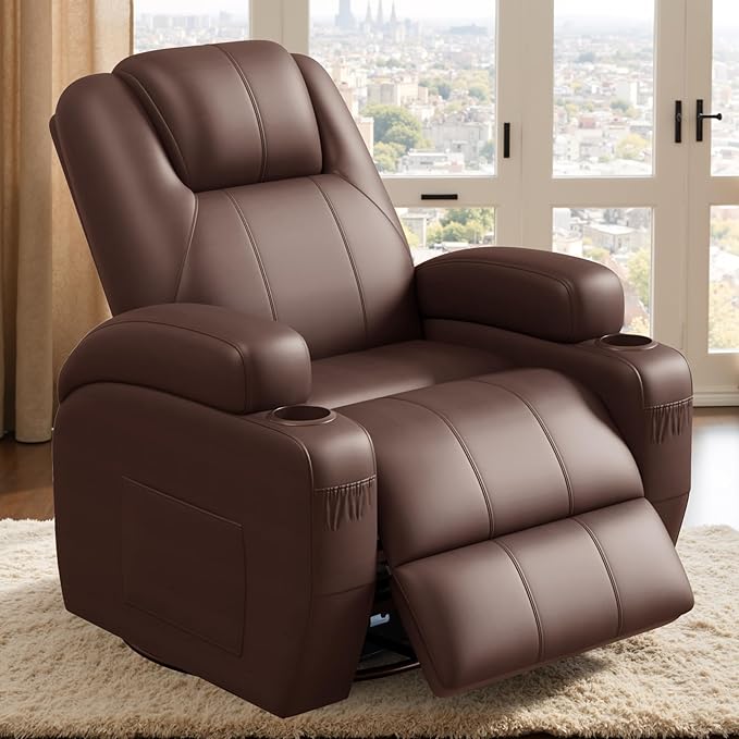Flamaker Swivel Rocker Recliner Chair with Vibration Massage 360° Swivel Recliner Chairs for Adults Ergonomic Lounge Chair with Cup Holders Lazy Boy Recliner Single Sofa Seat (Leather Brown)