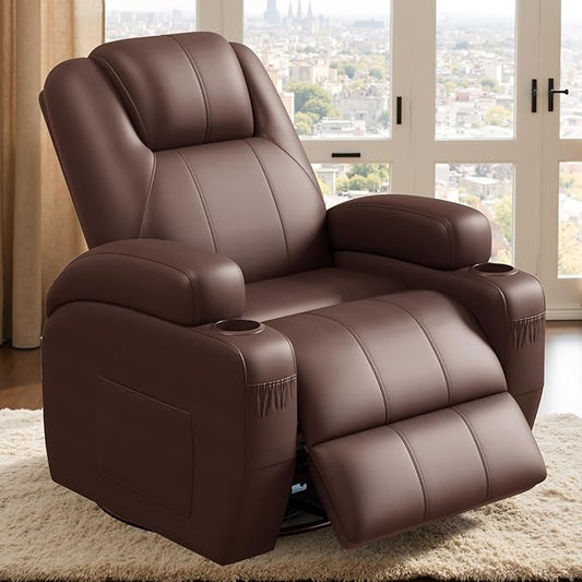 Flamaker Swivel Rocker Recliner Chair with Vibration Massage 360° Swivel Recliner Chairs for Adults Ergonomic Lounge Chair with Cup Holders Lazy Boy Recliner Single Sofa Seat (Leather Brown)