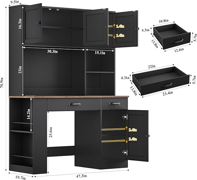 Keyluv 71 Tall Computer Desk with Hutch Cabinet Home Office Desk with Storage Drawers Shelves and Side Rack Wood Executive Desk with Doors Outlet Station and Smart LED Lights Black