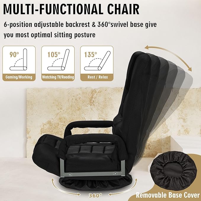 Swivel Floor Gaming Chair w/Armrests Folding Video Reclining Sofa w/6 Adjustable Position Padded Backrest &amp Cushion Lazy Lounger Couch for E-Sports Reading Relaxing Watching TV Black