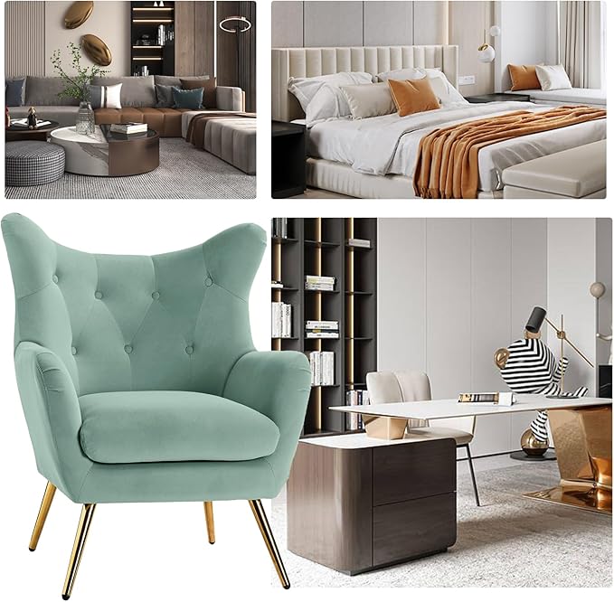 HULALA HOME Velvet Accent Chair Set of 2 Modern Wingback Arm Chair with Metal Gold Legs Velvet Tufted Upholstered Single Sofa(SAGE)