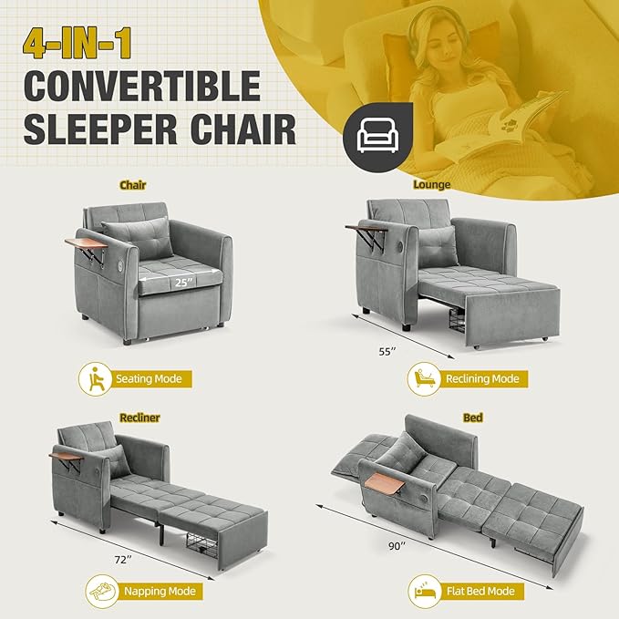 Convertible Sleeper Chair for Adults with Foldable Table USB Port &amp Bottom Storage Single Sleeping Sofa Bed for Living Room Guest Room Light Gray