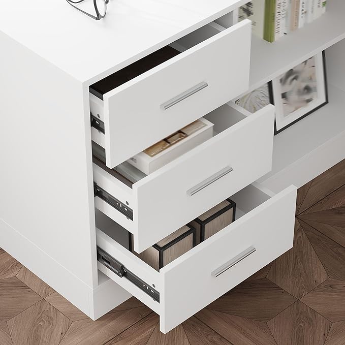 Lovinouse Large White Electric Adjustable Standing Desk Reversible L Shaped Office Work Desk with Storage Drawers Adjustable Height and Shelves Rising Study Computer Table for Home Office Bedroom