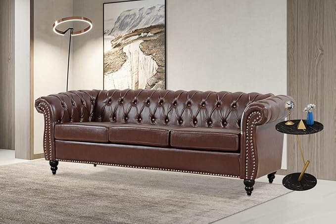 Brown Faux Leather Couch for Living Room Comfy Deep-Seated Chesterfield 3-Seater Sofa for Bedroom Office or Apartment. Luxury Classic Sofa Furniture Tool-Free Assembly.