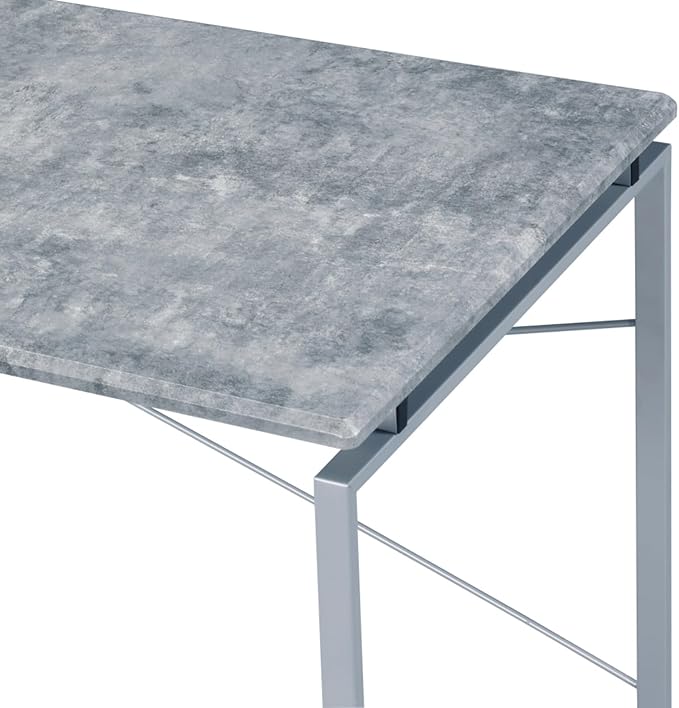 Faux Concrete &amp Silver Finish Industrial Style Writing Desk Open Back Design Durable Composite Wood and Steel Construction Compact Home Office Desk for Bedroom or Study