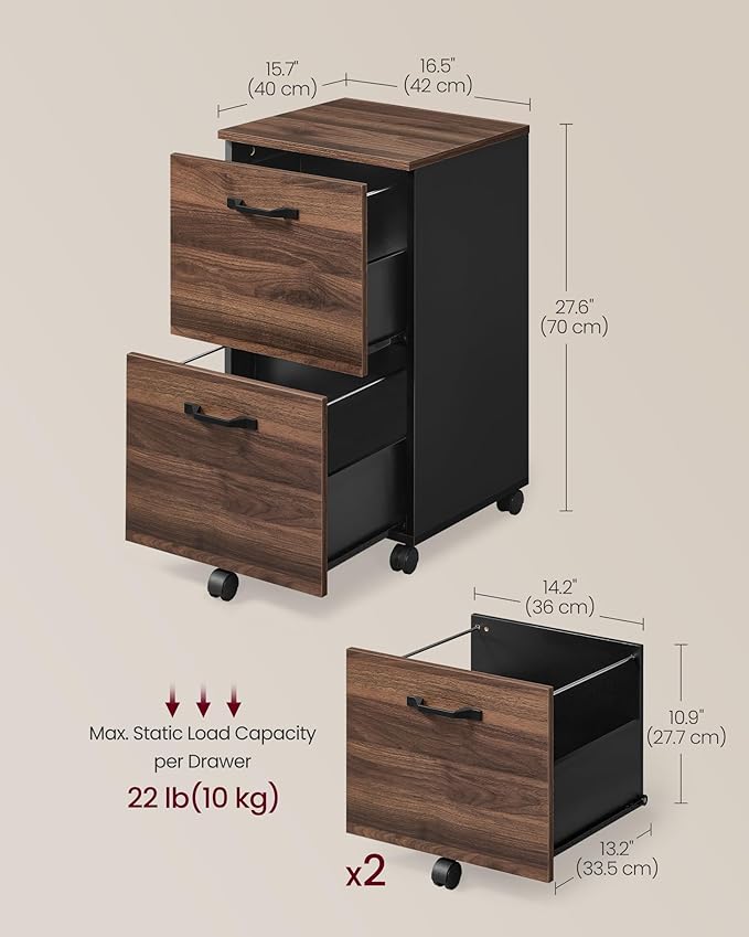 VASAGLE 2-Drawer File Cabinet Small Rolling Filing Cabinet for Home Office Printer Stand for A4 Letter-Size Documents 15.7 x 16.5 x 27.6 Inches Natural Walnut and Ink Black UOFC040K01