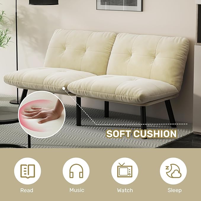 Futon Sofa Sleeper Couch Bed with Adjustable Backrest Thick Cushion Velvet Fabric for Department Living Room Lounge Sofa Loveseat (Beige)