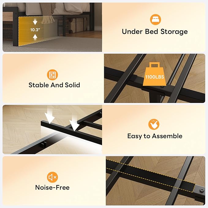 LIKIMIO King Size Bed Frame with Storage Headboard &amp LED Lights Metal Platform Bed with Charging Station Noise Free No Box Spring Needed Under Bed Storage Charcoal Gray