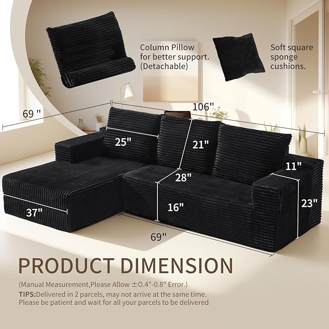 106'' Cloud Sectional Couch with L-Shape Chaise Boneless Modular Sofa with Deep Seat Modern Corduroy Couch for Living Room No Assembly Required. (Black Left-Facing Chaise)