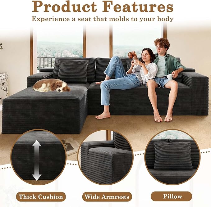 104 Black Boneless Couch with Chaise Sectional Couches for Living Room L Shaped Couch 4 Seat SofaCompression Sofa for Bedroom Comfy No Assembly Corduroy (Grey Right)