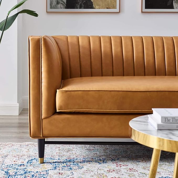 Modway Devote Channel Tufted Vegan Leather Loveseat in Tan