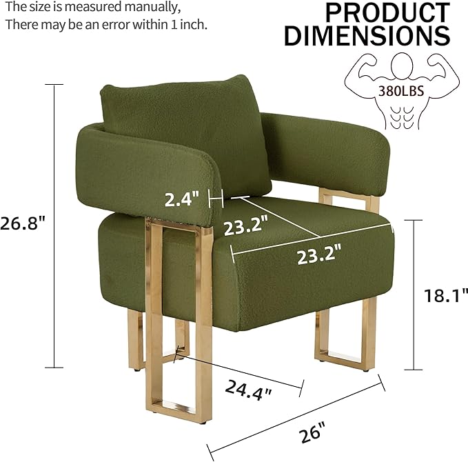 YISHENG Modern Barrel Accent Chairs Set of 2 Living Room Side Chairs with Golden Metal Legs Soft Teddy Upholstered Reading Armchairs no Wheels for Vanity/Reception Room//Bedroom/Lounge/Office Green