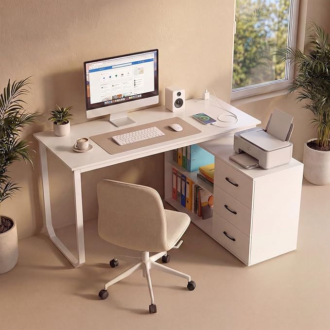 GOFLAME Reversible L Shaped Computer Desk with Charging Station 55” Home Office Desk with 3 Drawers 3-Level Adjustable Shelf Convertible Study Writing Desk for Small Space White