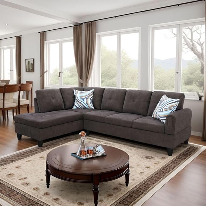 Dark Brown L-Shaped 3-Piece Flannel Sofa with Storage Ottoman Set Sectional Couch Sofa Set for Living Room Office Small Space
