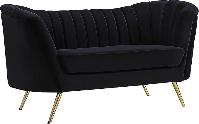Meridian Furniture Margo Collection Modern | Contemporary Velvet Upholstered Loveseat with Deep Channel Tufting and Rich Gold Stainless Steel Legs Black 65 W x 30 D x 33 H