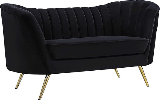 Meridian Furniture Margo Collection Modern | Contemporary Velvet Upholstered Loveseat with Deep Channel Tufting and Rich Gold Stainless Steel Legs Black 65 W x 30 D x 33 H