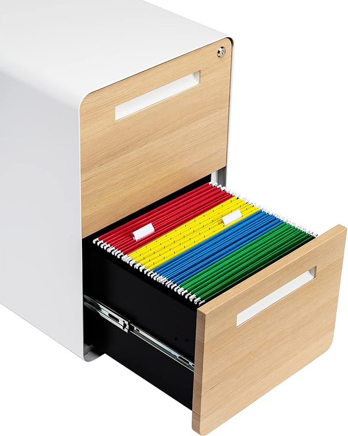 Laura Davidson Furniture Stockpile 2 Drawer Mobile File Cabinet with Lock - Under Desk Metal Filing Cabinet Legal/Letter File Folders Wheels and Stationary Feet Pre-Assembled White/Wood