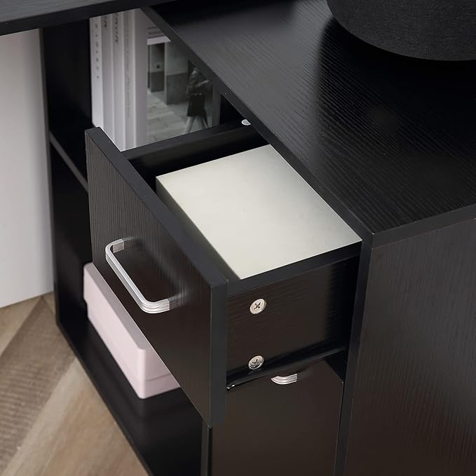 L Shaped Computer Desk 180° Rotating Corner Desk with Storage Shelves Drawer and Cabinet Study Workstation for Home Office Black
