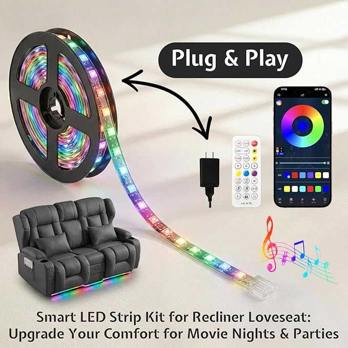 Loveseat Recliner Sofa with DIY LED LightsRV Wall Hugger Recliners with Flip-up ConsoleFabric Reclining Loveseat Sofa Recliner with Smart LED Lights/Cup Holders/Lumbar PillowsRV FurnitureDark Grey