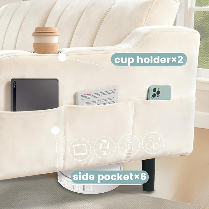 80 Velvet Futon Sofa Bed Convertible Sleeper Loveseat with Cup Holders &amp Storage Pockets Mid Century Modern Couch for Living Room Bedroom Office Small Space (Off-White)