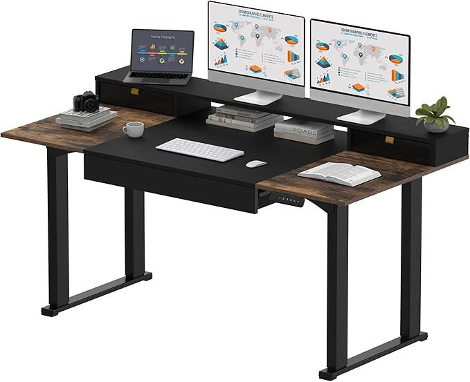 SANODESK Electric Standing Desk with Drawers 63 x 32 inch Height Adjustable Computer Desk Home Office Stand Up Desk with 3 Preset Heights Black