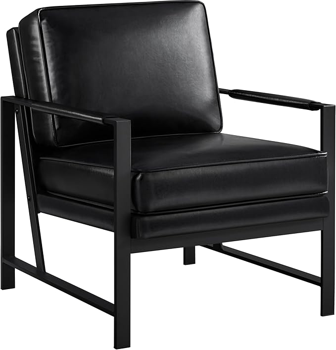 Yaheetech PU Leather Armchair Retro Leisure Accent Chair with Extra Soft Padded and Cushion Modern Reading Arm Chair with Black Metal Frame for Living Room/Office/Bedroom/Study Black