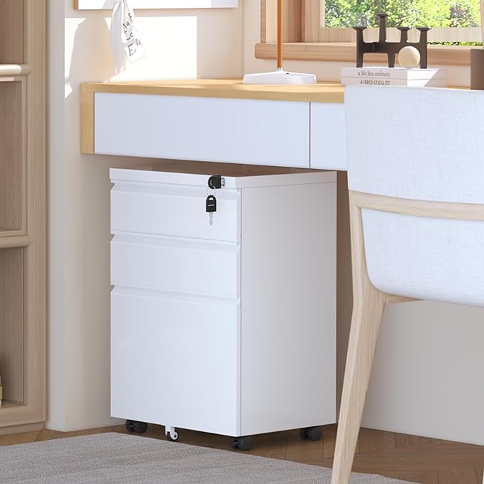 INTERGREAT 3 Drawer Mobile File Cabinet with Lock Metal Filing Cabinets for Home Office Rolling Under Desk Organizer for Letters/Legal/A4 (Fully Assembled-White)
