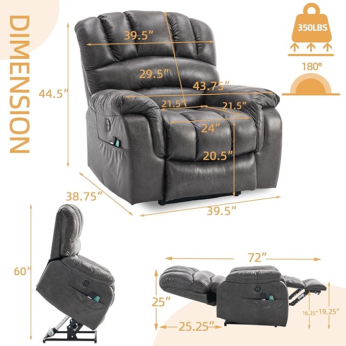 Lay Flat Sleeping Dual OKIN Motor Electric Lift Recliner w/Heat Massage for Big Man Large Infinite Position Reclining Chair Up to 350 LBS for Living Room 2 Remote Controls/USB Port Grey