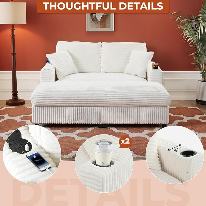 65 Oversized Chaise Lounge Chair Indoor Upholstered Sofa Bed with Pillows &amp 2 Cup Holders Sleeper Couch Comfy Corduroy Recliner Chair for Living Room Movie Room Bedroom White