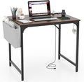 COSTWAY Home Office Desk 32 Inch Computer Desk with Recessed Power Strip Storage Bag &amp Headphone Hook Wide Desktop Modern Computer Workstation Writing Table for Home Office (Rustic Brown + Bl